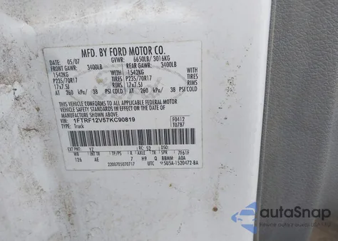 2007 Ford F-150 Stx/Xl/Xlt z USA, uszkodzony, nr VIN 1FTRF12V57KC90819